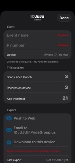 Admin screen with event name and P number required