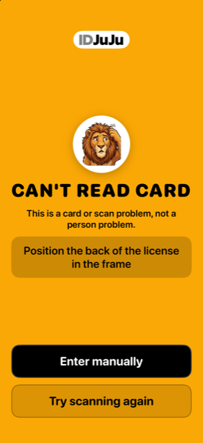Amber CAN'T READ CARD screen