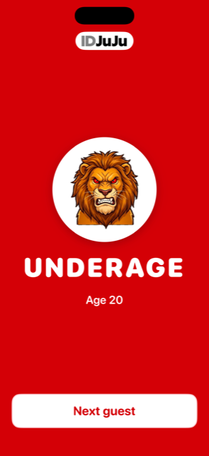 Red UNDERAGE screen showing an age of 20